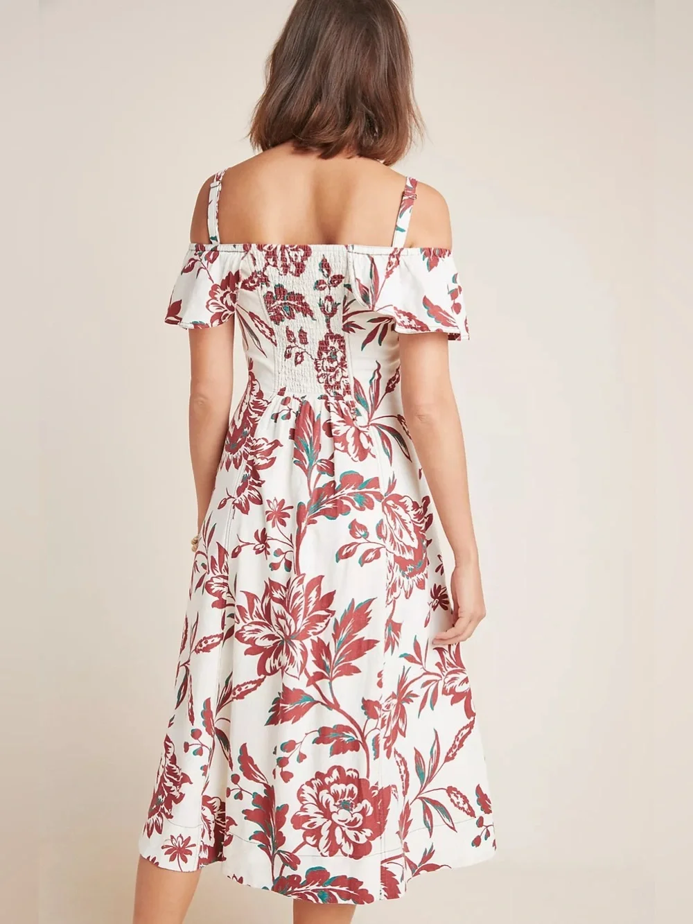 Anthropologie Floral Off Shoulder Linen Blend Midi Dress Button Front US 6